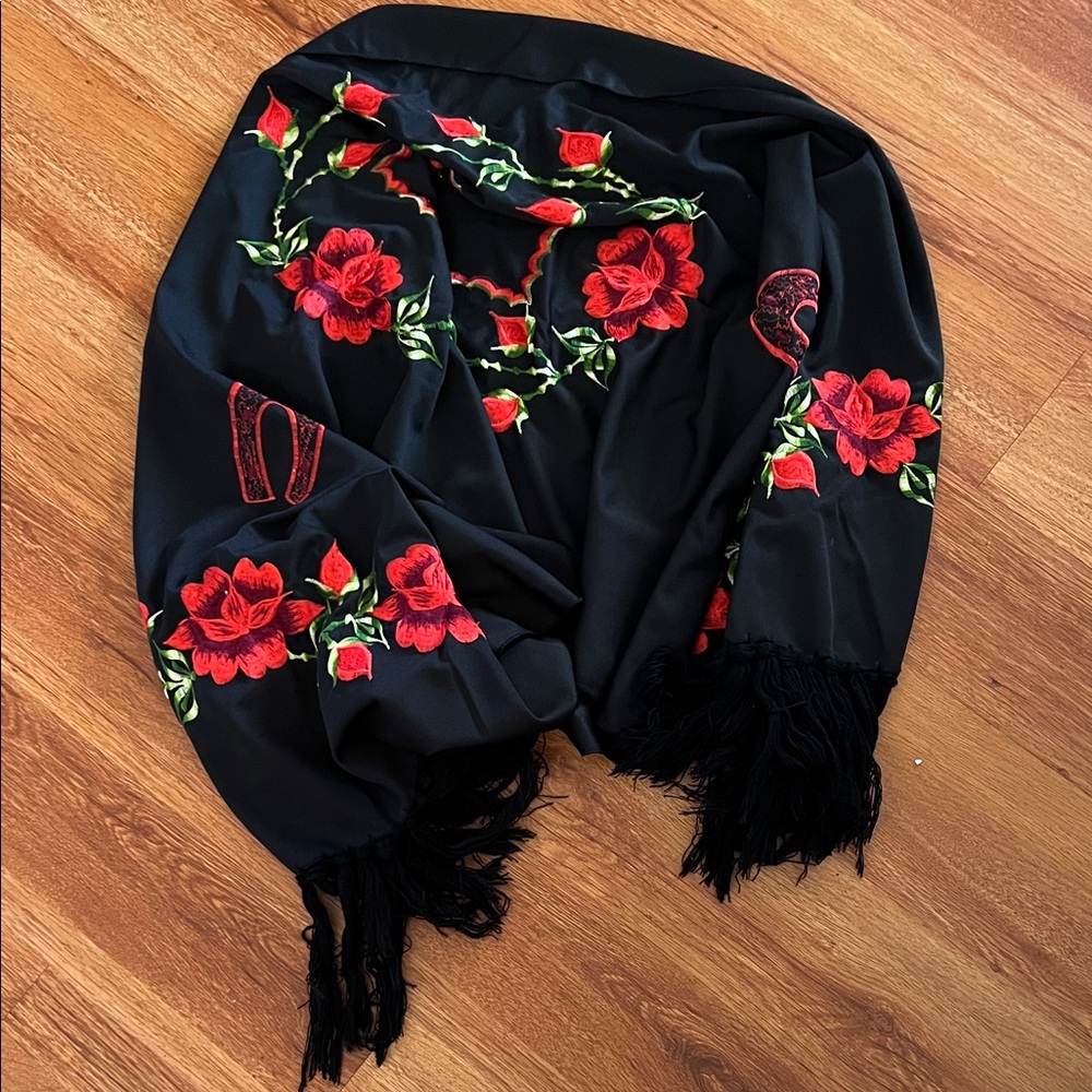 Elegant Black Floral Embroidered Scarf
